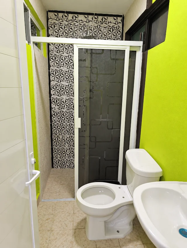 Baño de paredes verdes del departamento individual de LUMA con lavabo, inodoro y cancel de ducha