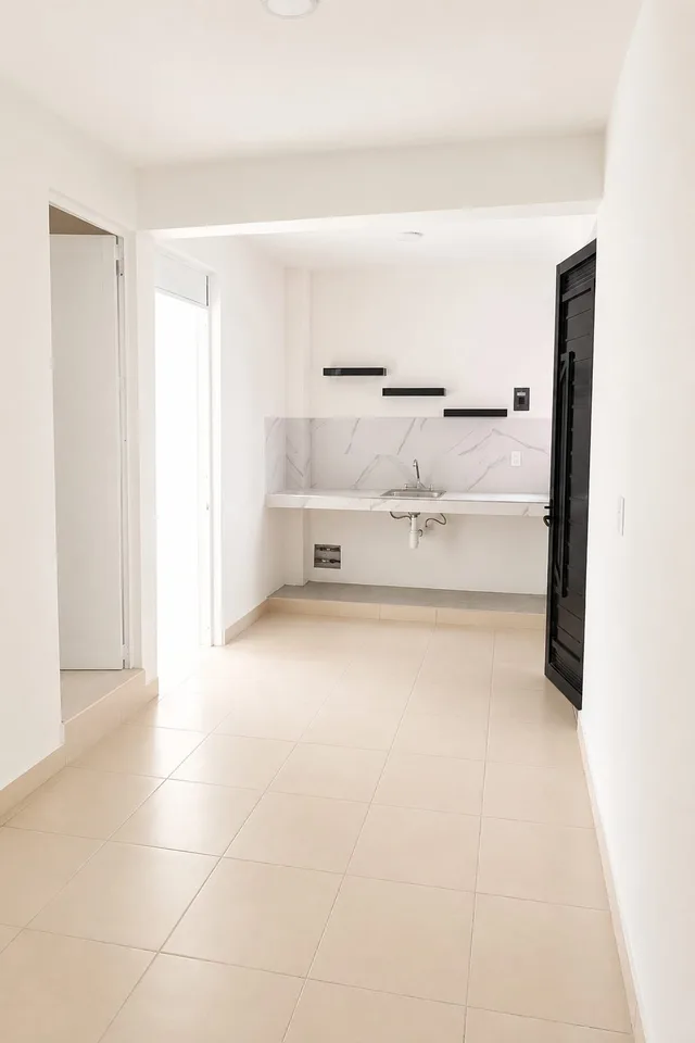 Área de cocina del departamento de doble habitación de LUMA con fregadero y repisas